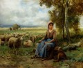 Shepherdess Watching Over Her flock farm life Realism Julien Dupre